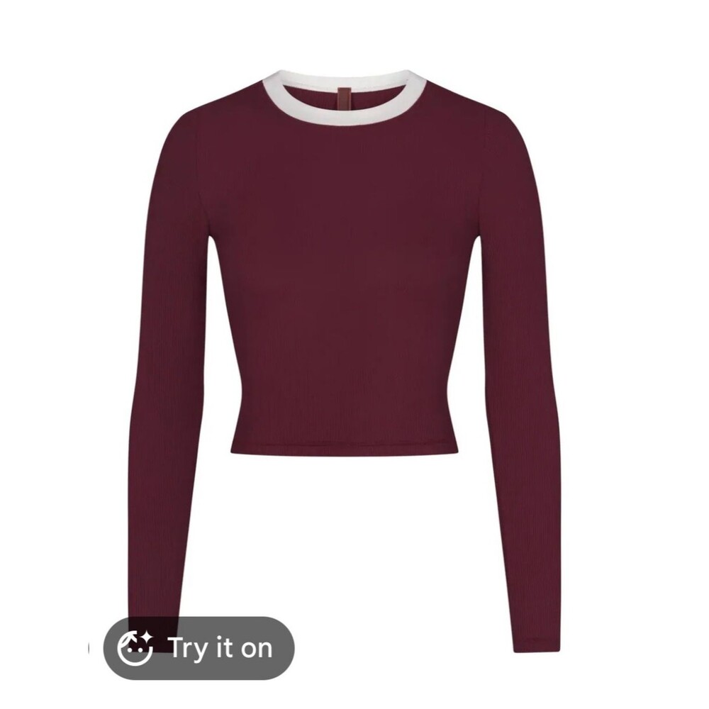 SKIMS Soft Lounge Wine Ribbed Long-Sleeve Ringer Cropped Crew White Neck Trim
